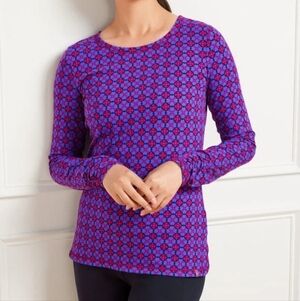 T By Talbots Jersey Ruched Sleeve Ditsy Tile Print Top